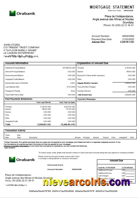 Togo Orabank mortgage statement